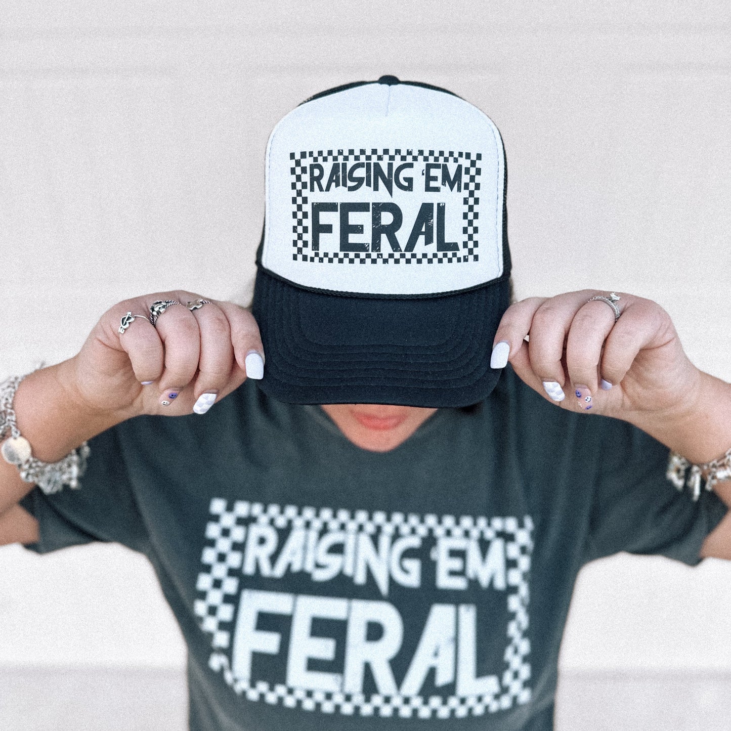 Raising Em Feral | White/Black Otto Trucker Hat - Adult