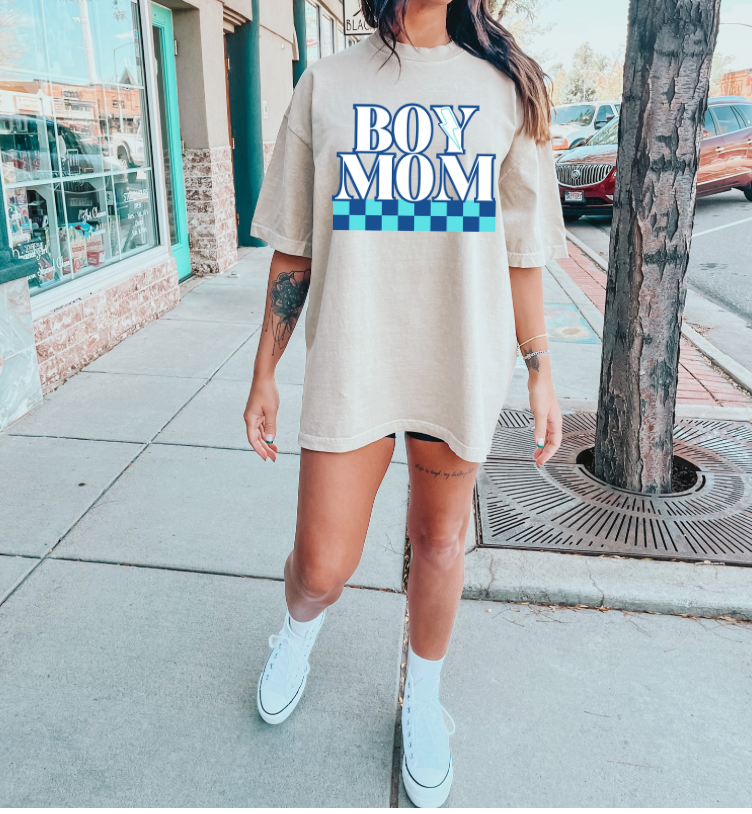 Boy Mom Checker Bolt | Comfort Color Tee- Ivory