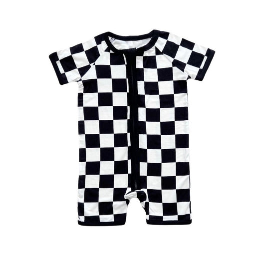 Bamboo Shorty Romper | Black Checkered