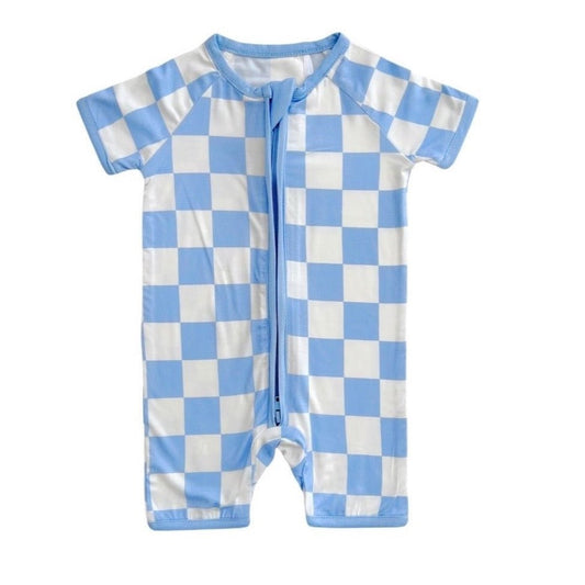 Bamboo Shorty Romper | Blue Checkered